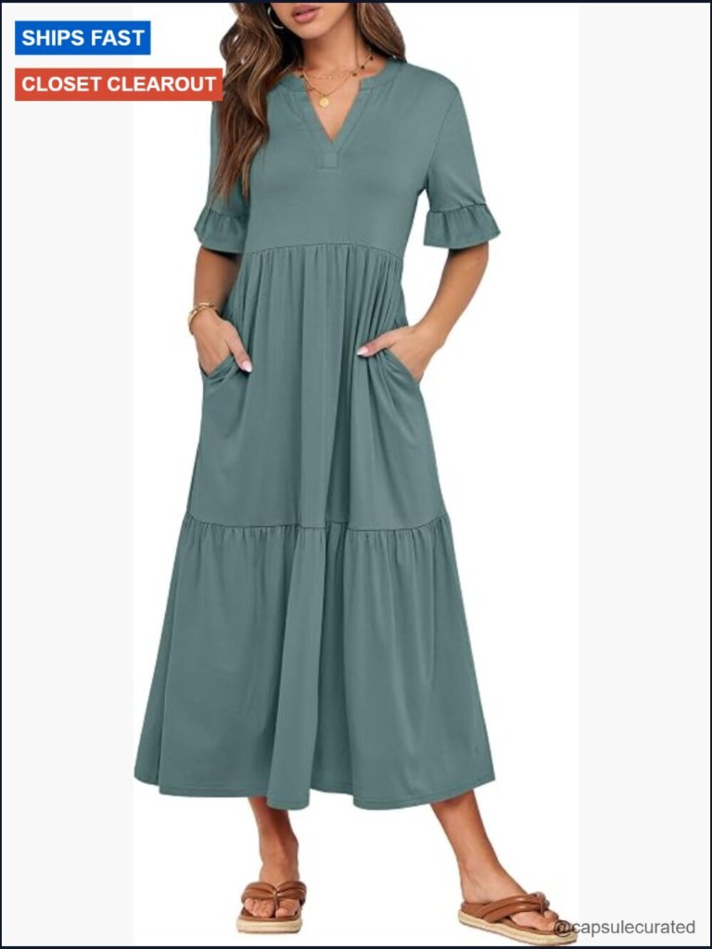 Ruffle Sleeve V-Neck Tiered Maxi Dress Loose Fit with Pockets